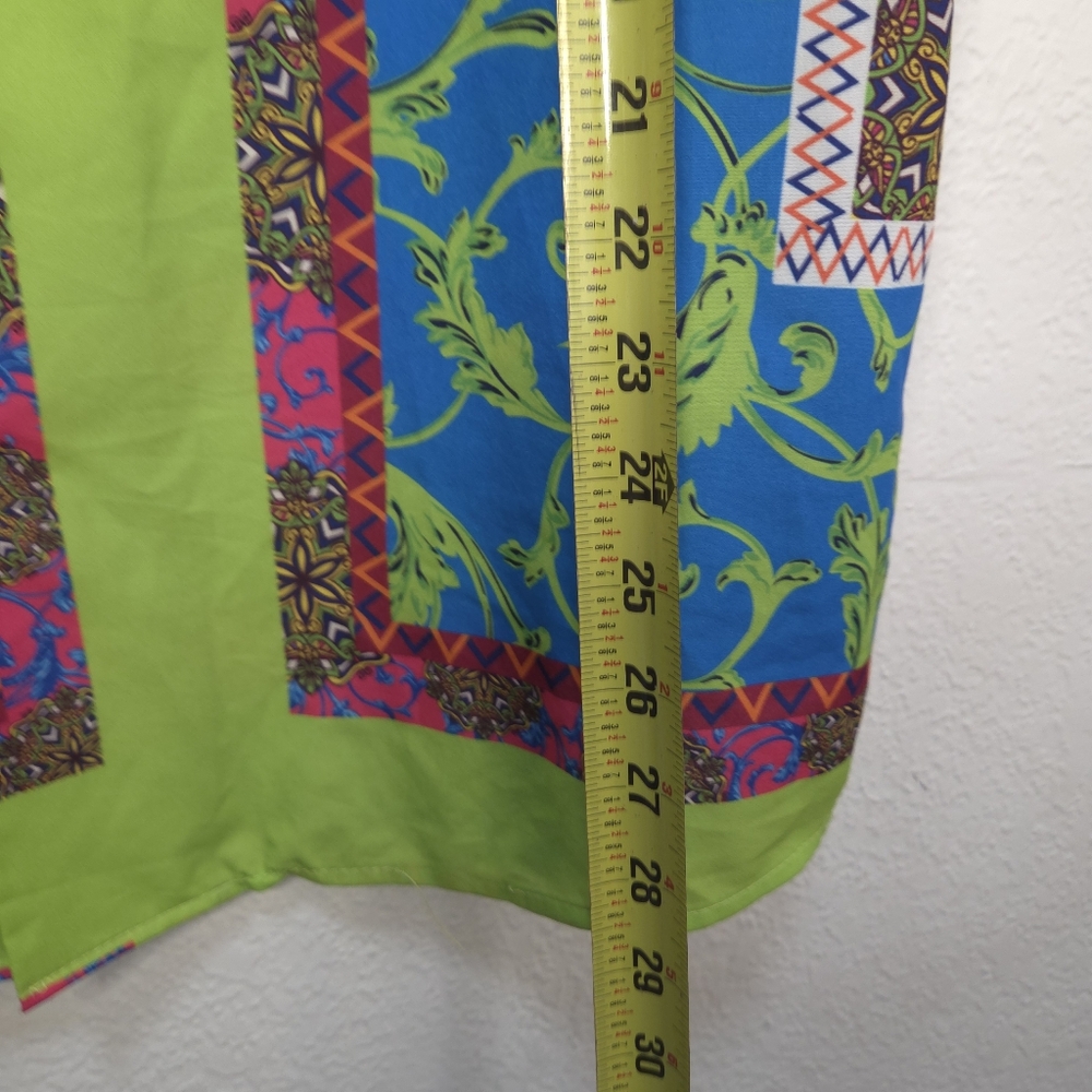 Mens Boohoo Size L Neon Green Blue Hawaiian Paisley T Shirt Short Sleeves Button - Picture 14 of 15